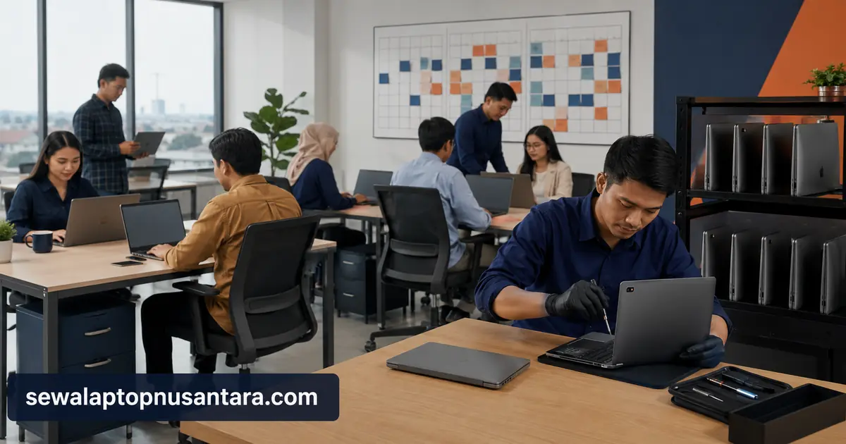 Teknisi merawat laptop sewaan bulanan untuk operasional kantor