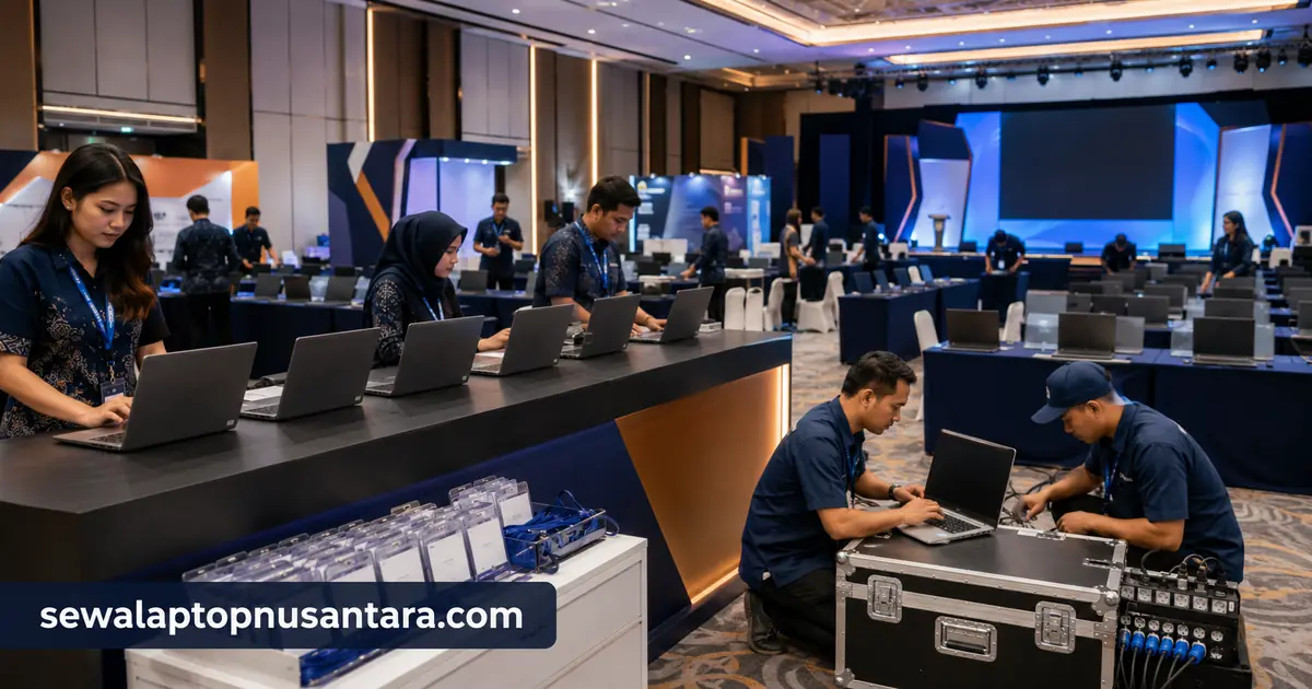 Tim menyiapkan laptop sewaan untuk event besar di Semarang