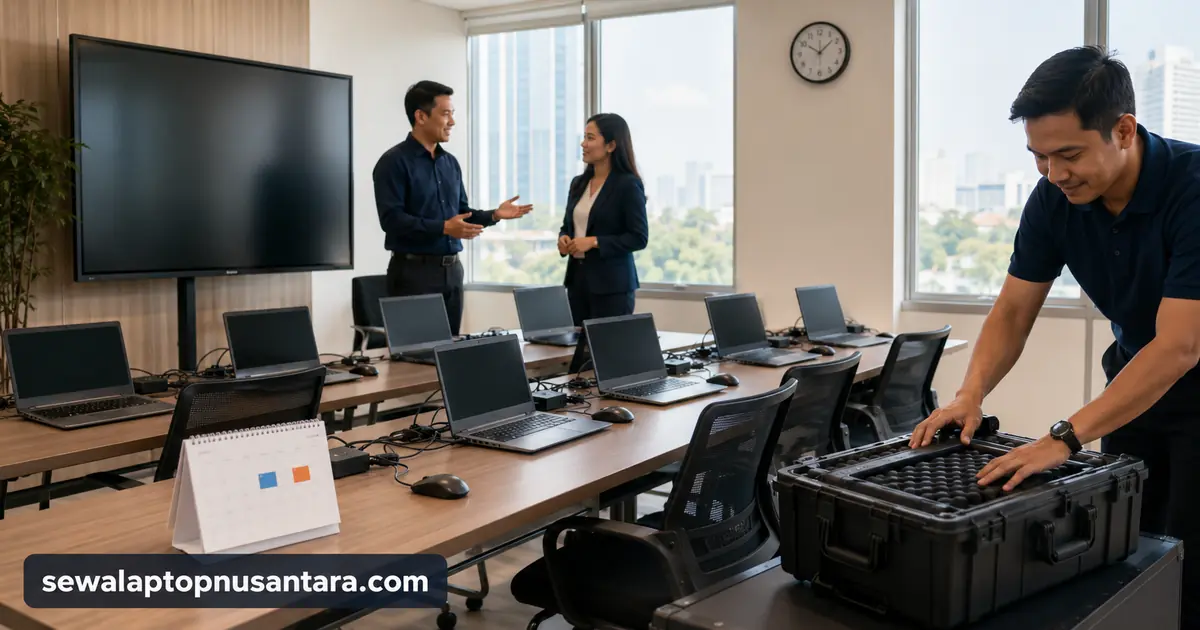 Teknisi menyiapkan laptop sewaan harian untuk meeting di Semarang