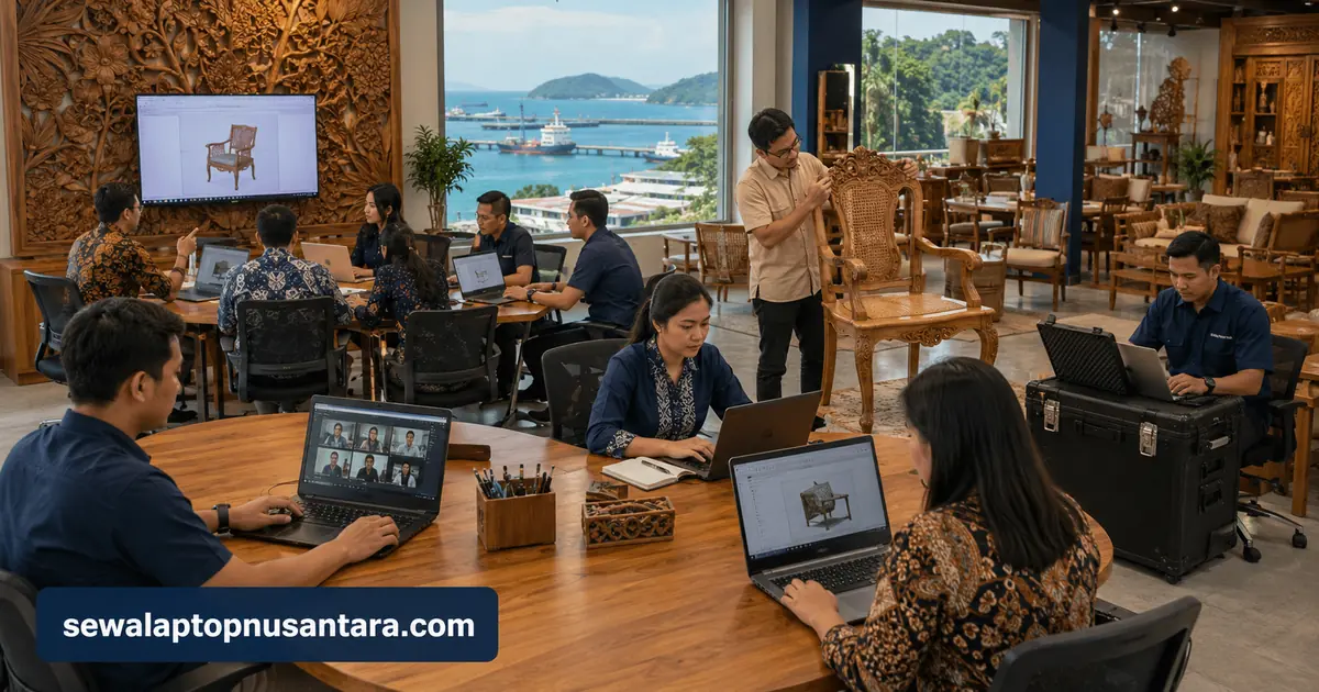 Tim perusahaan mebel menggunakan laptop sewaan di Jepara