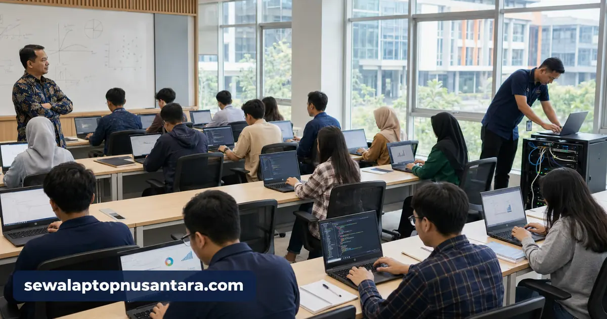 Mahasiswa menggunakan laptop sewaan untuk praktikum di kampus