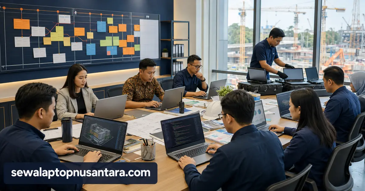Tim proyek menggunakan laptop sewaan untuk pekerjaan lintas fungsi