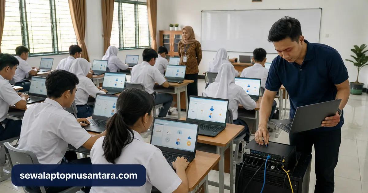 Siswa mengikuti ujian berbasis komputer menggunakan laptop sewaan di sekolah
