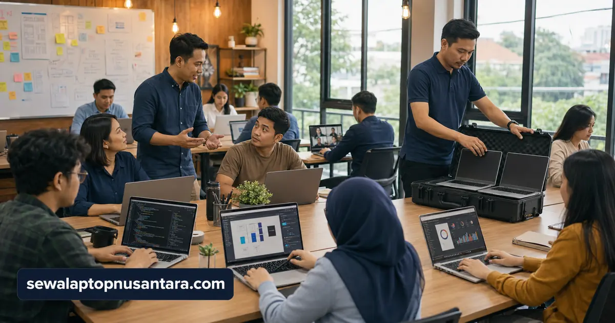 Tim startup menggunakan laptop sewaan dengan teknisi yang menyiapkan unit tambahan