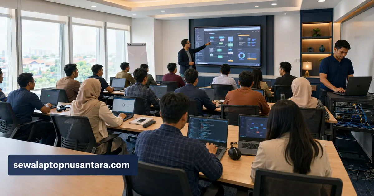 Peserta training center mengikuti pelatihan menggunakan laptop sewaan dengan dukungan teknisi