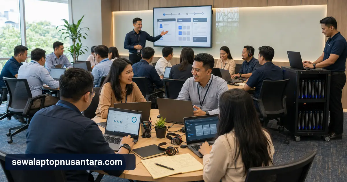 Karyawan mengikuti training menggunakan laptop sewaan seragam dengan teknisi siaga