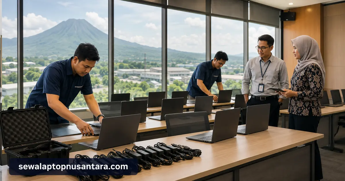 Teknisi menyiapkan laptop sewaan untuk kegiatan di Ungaran