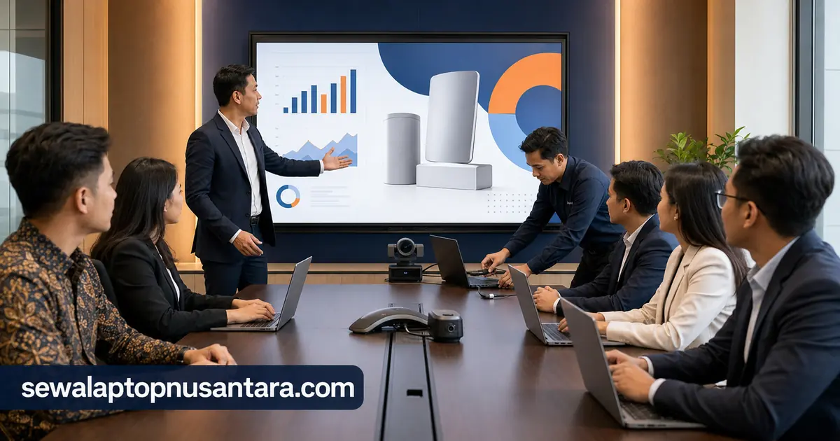 Presentasi bisnis menggunakan laptop sewaan di ruang meeting