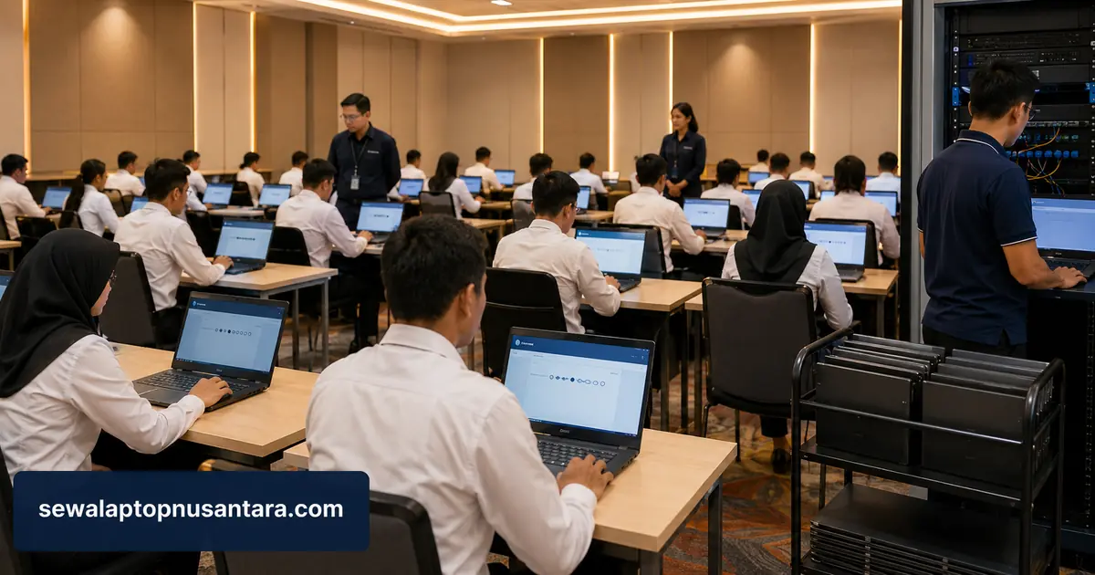 Peserta ujian CPNS mengerjakan tes berbasis komputer dengan laptop sewaan dan teknisi siaga