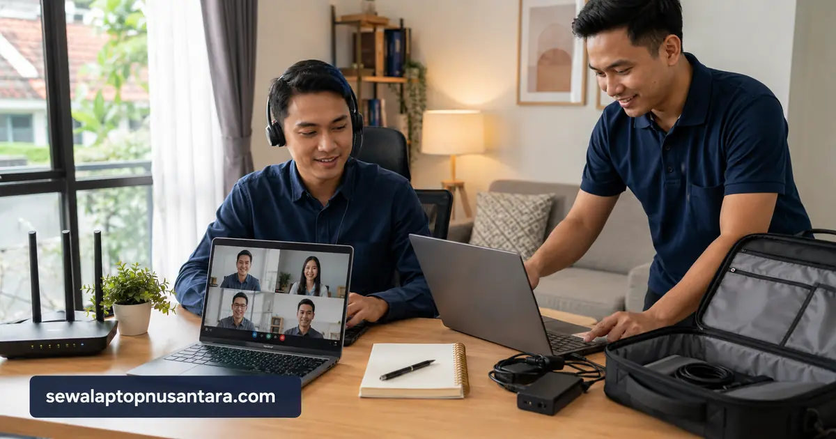 Karyawan WFH menggunakan laptop sewaan saat rapat daring dengan bantuan teknisi
