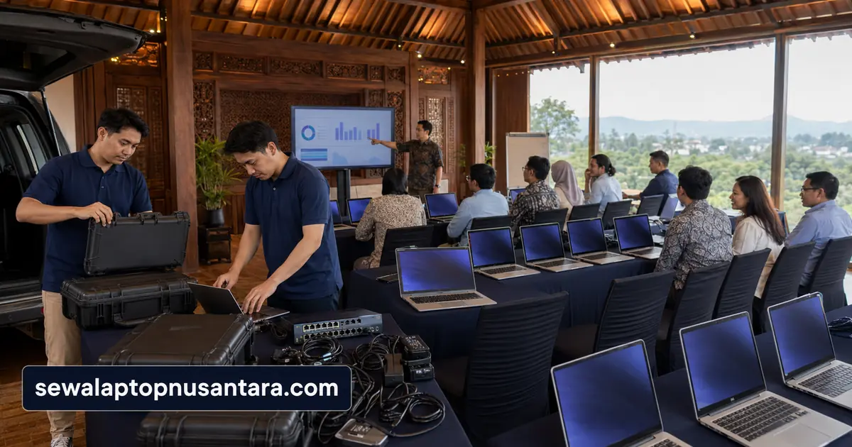Teknisi menyiapkan laptop sewaan untuk kegiatan kantor dan event di Yogyakarta